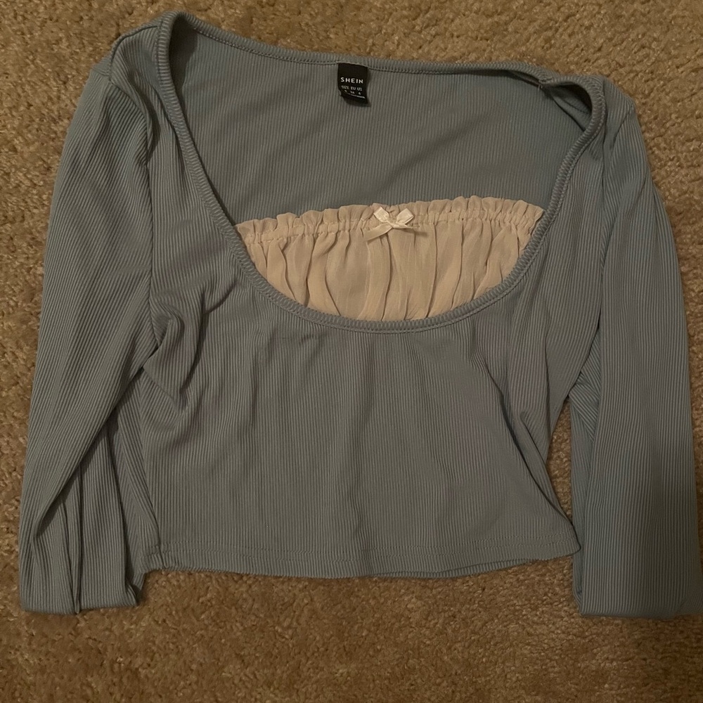 SHEIN Gray Tan Ruched Crop Blouse 3/4 Sleeve
